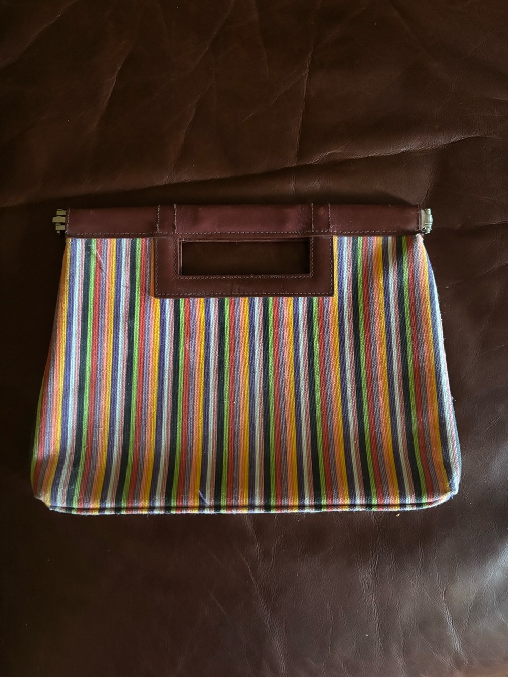 Vintage GAP Multicolor Striped Canvas Clutch with Brown Leather Trim